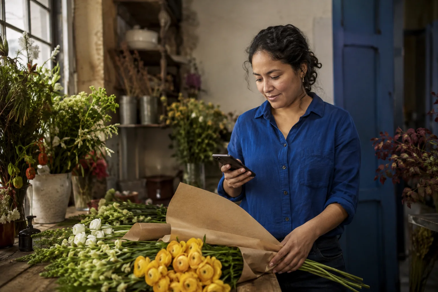 Escena ilustrativa: una emprendedora consulta su teléfono mientras prepara flores en su negocio.